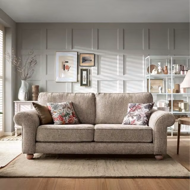 Abakus Direct Ingrid 3 Seater Upholstered Fabric Sofa in Taupe with Scatter Cushions