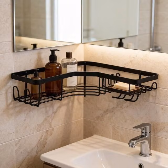 Garden Sanctuary 3-Piece Black Metal Corner Shower Caddy Set with Adhesive Wall Stickers