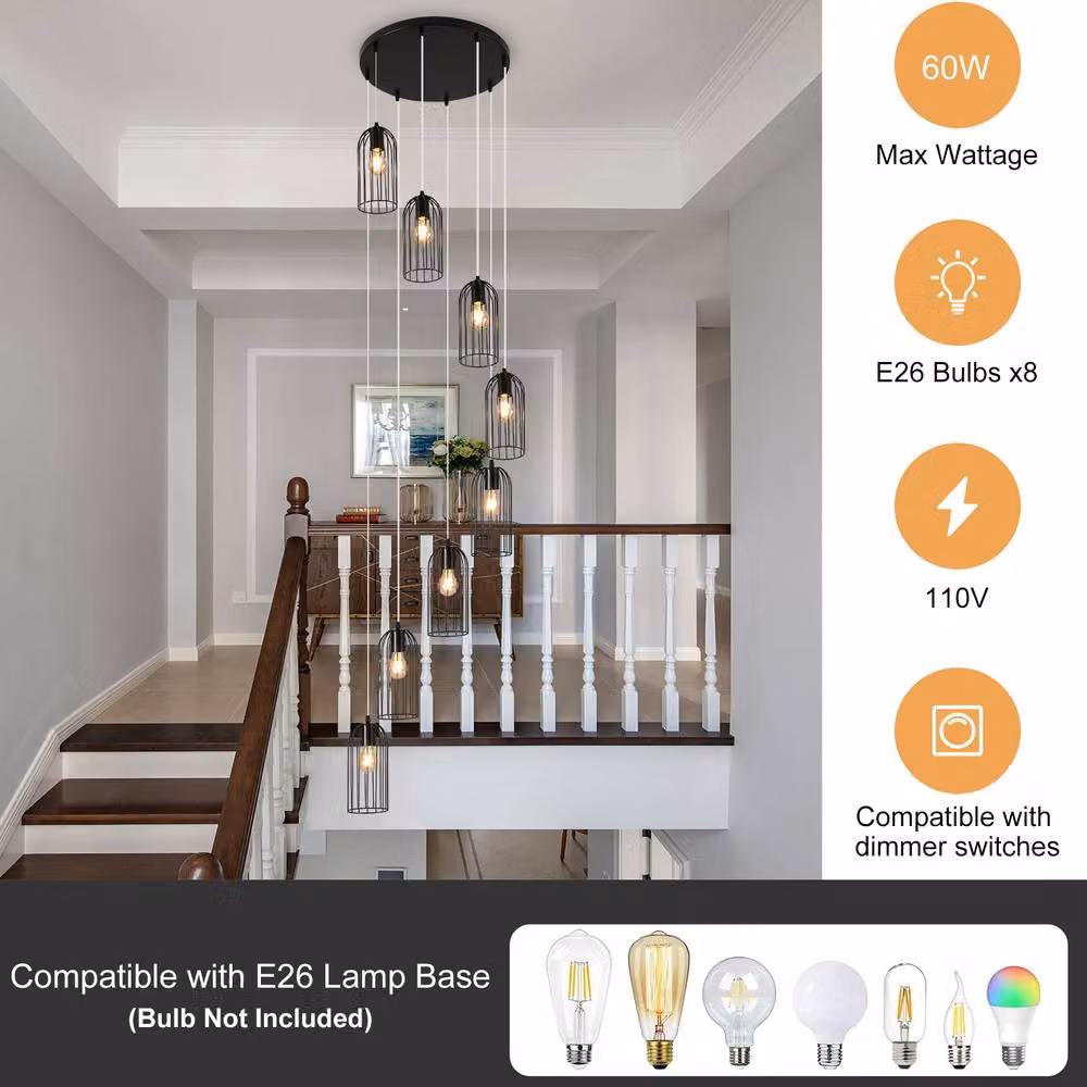 NIVOR Black Industrial Cluster Staircase Chandelier, Height Adjustable E27 Pendant Light for Hallways and Stairs – 3