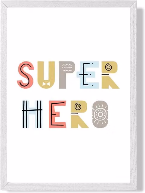 ARTZE Cute Super Hero Scandi Quote Framed Print in Pale Blue and White, A2