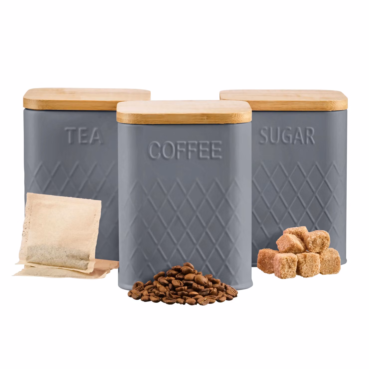 Cooks Professional 3-Piece Square Tea, Coffee and Sugar Canister Set with Airtight Bamboo Lids in Grey Stainless Steel – 3