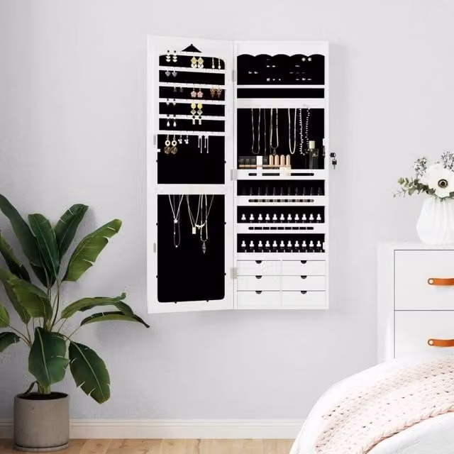 Berkfield Home Wall Mounted Mirror Jewellery Cabinet in White, W: 37.5 cm, D: 10 cm, H: 106 cm – 1