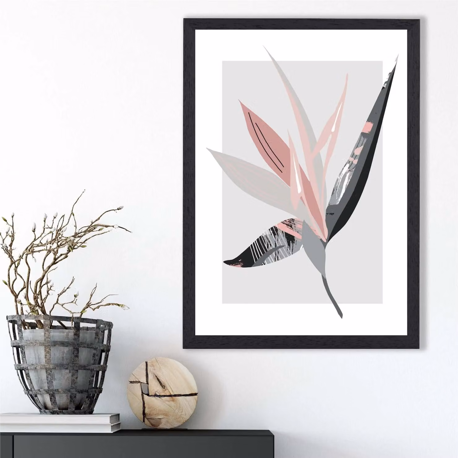 ARTZE Tropical Flower Boho Botanical Framed Print in Grey and Pink, A4, Black Frame – 2