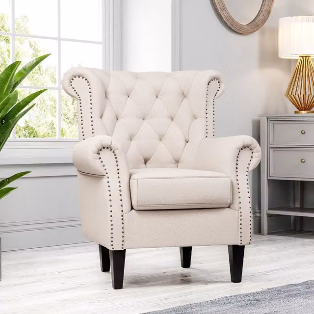 Livingandhome Mid-Century Beige Fabric Armchair with Armrests
