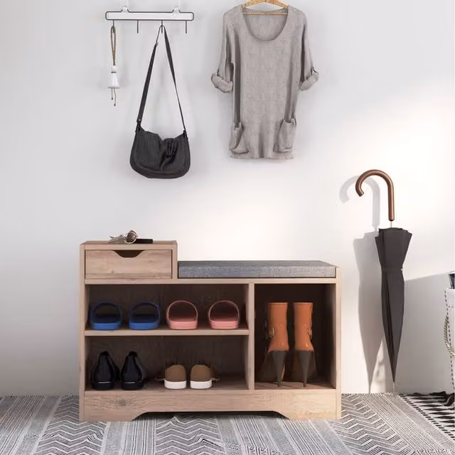 HOMCOM Grey Entryway Shoe Bench with Drawer, Shelves and Fabric Cushion