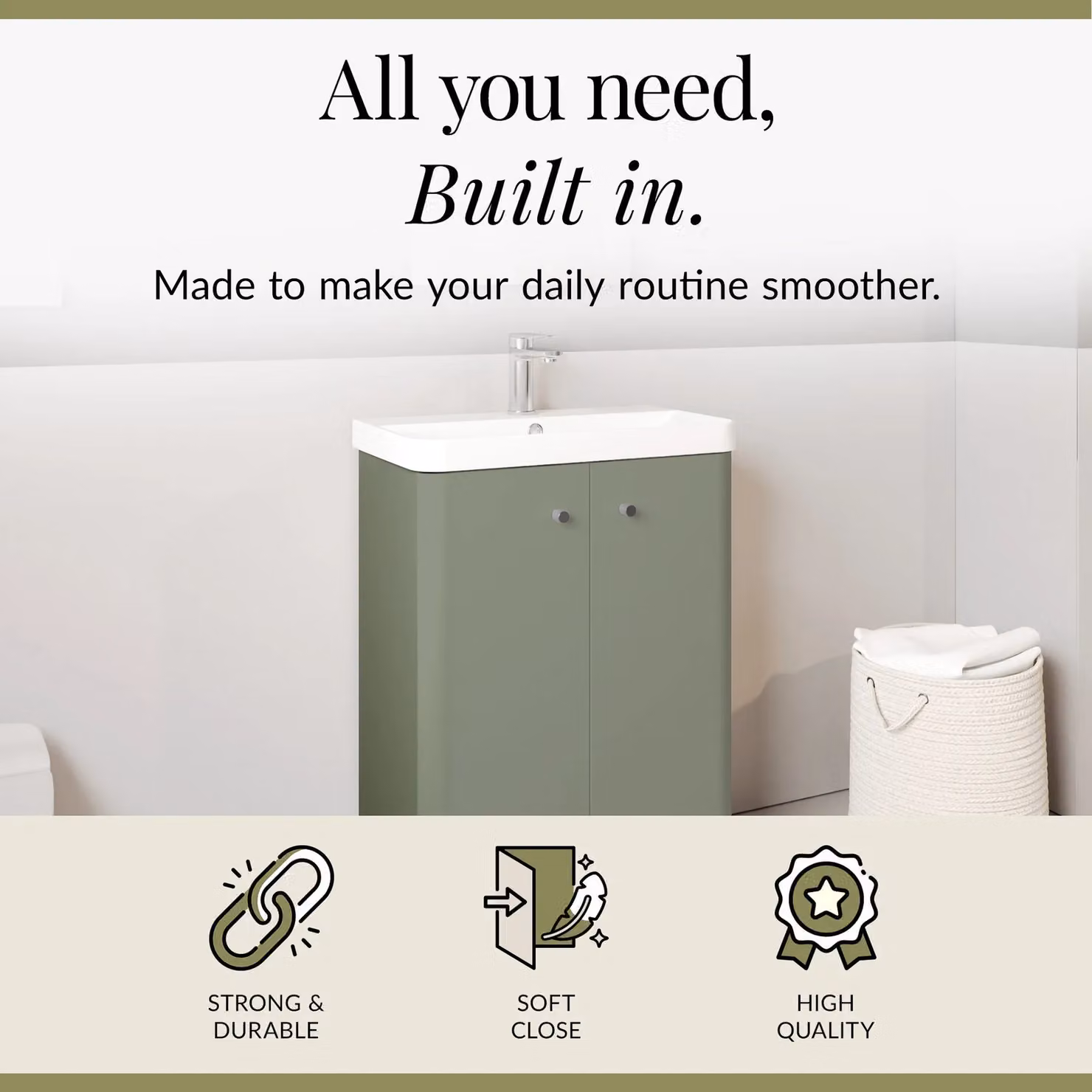 Balterley Modern 2 Door Floor Standing Bathroom Vanity Unit with Basin in Satin Green, Width: 60.5 cm – 2