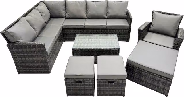 Fimous 10 Seat Poly Rattan L-Shape Corner Sofa Set with 3 Stools and Coffee Table in Dark Grey – 1