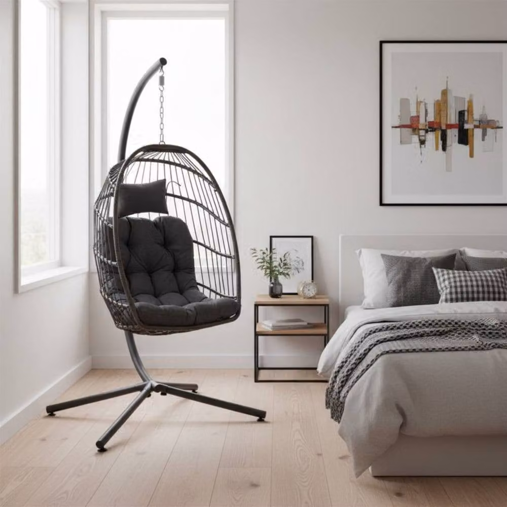 Samuel Alexander Grey Rattan Hanging Egg Chair with Metal Stand and Cushions for Indoor Use – 3
