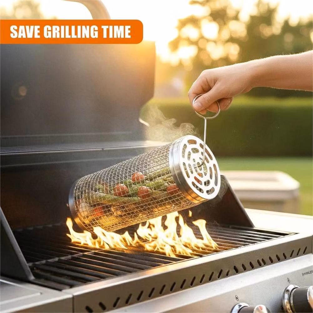 SPETLEK BBQ Rolling Grill Basket in Silver Stainless Steel – 3