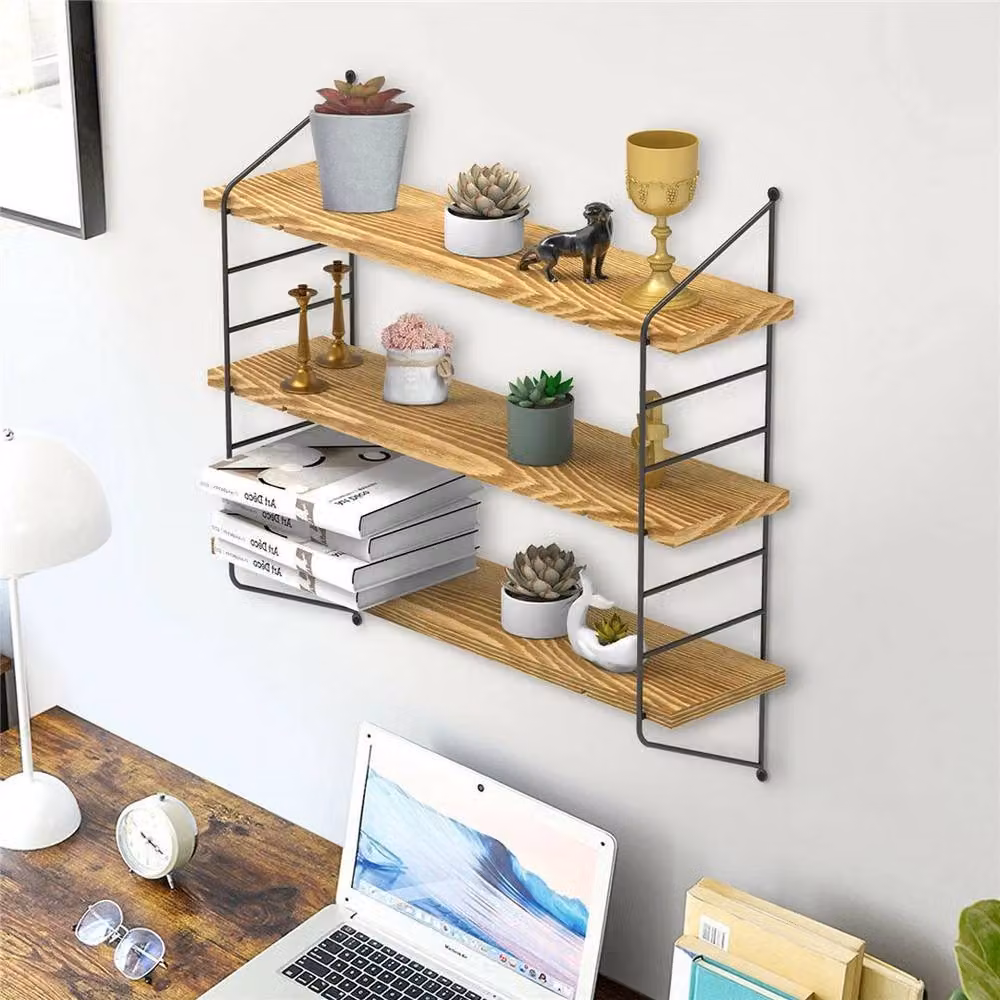 KORVIXA 3-Tier Metal Wire Wall Mounted Floating Shelves in Brown, W/H: 100 x 100 cm – 3