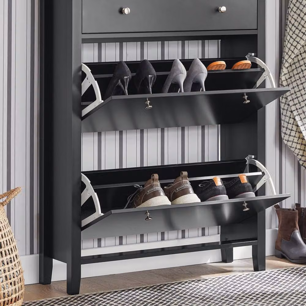 SoBuy Slim Scandinavian Style Shoe Cabinet in Matt Black with Tilting Compartments and Internal Shelves – 4