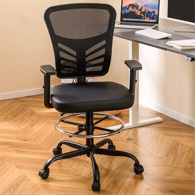Costway Black PU Leather Swivel Drafting Chair with Armrests and Foot Ring