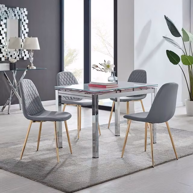 Furniturebox Enna White Glossy Glass Extending Dining Table and 4 Corona Gold Leg Chairs in Grey