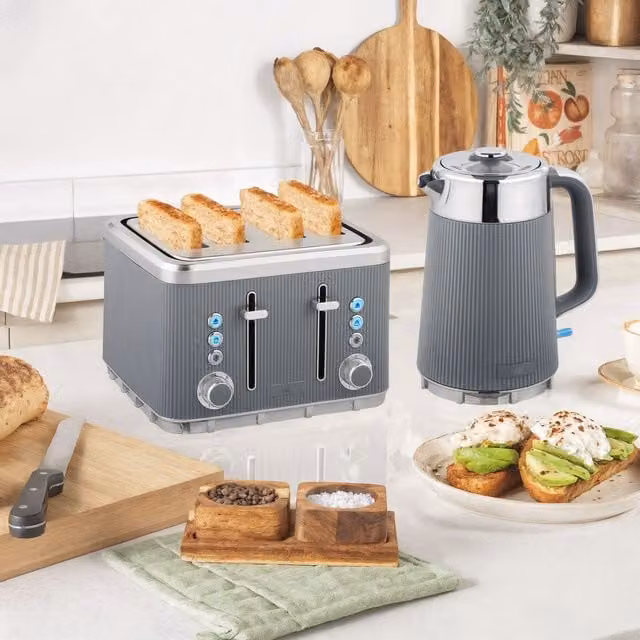 HOMCOM Grey Stainless Steel Rapid Boil 1.7L Kettle and 4 Slice Toaster Set