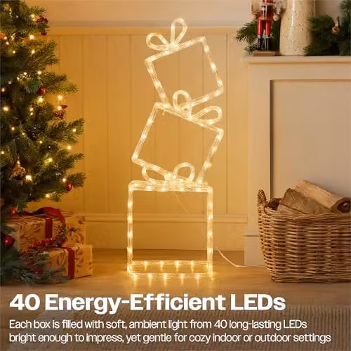 Xmas Haus Pre-Lit Stacking Presents with 190 Warm White LEDs, Black, Height: 73 cm – 2