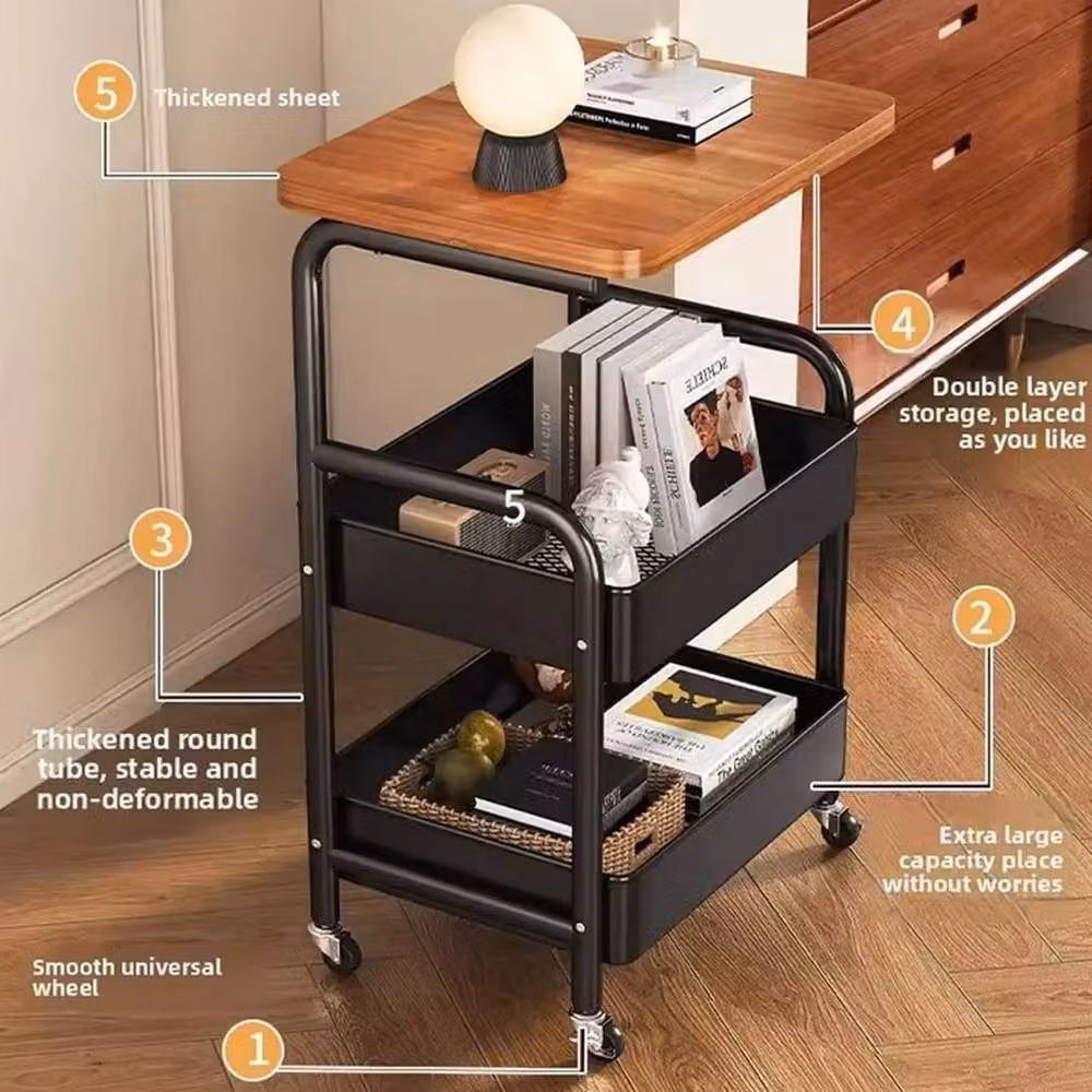 VOGREX 3-Tier Rolling Utility Cart with Wood Tabletop in Multicolour – 3
