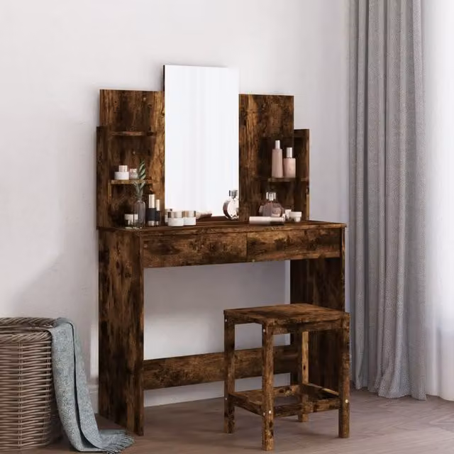 Berkfield Home Dressing Table with Mirror in Smoked Oak Brown, W/D/H: 96 x 39 x 142 cm