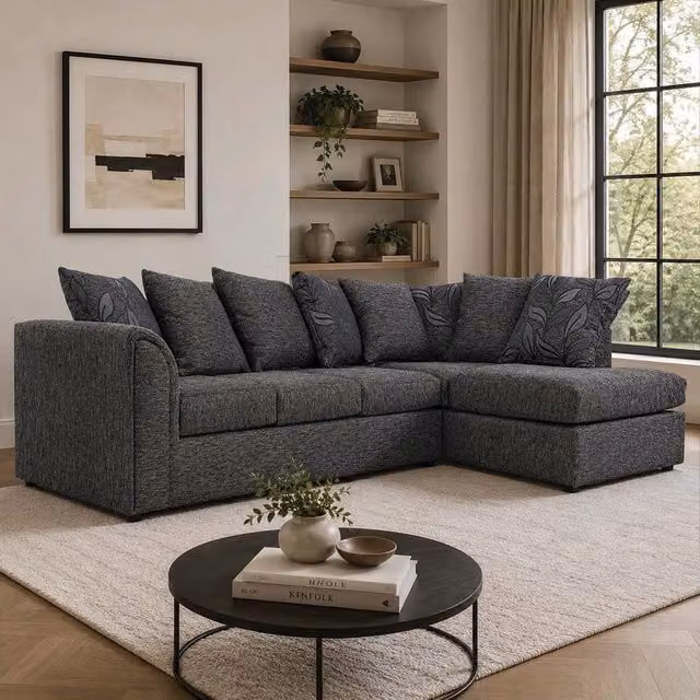 Furnishings For Less UK Byron Dundee 5 Seater L Shaped Corner Sofa in Grey Chenille Fabric, Right Hand Facing – 1