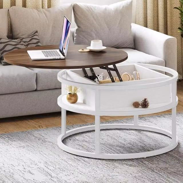 FORGEVIO Round Farmhouse Style Coffee Table in White with Lift Mechanism