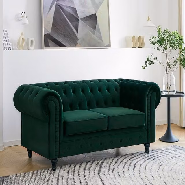Chesterly 2 Seater Green Velvet Chesterfield Sofa with Button Detail