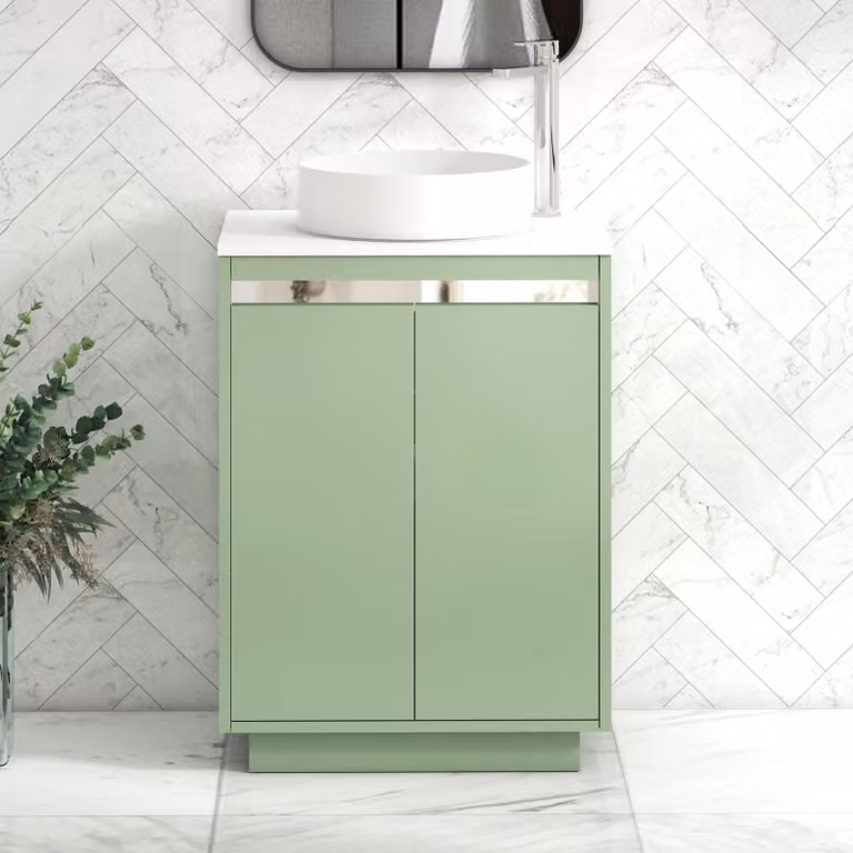 Royal Bathrooms Orion 600mm Mint Sage Floor Standing 2 Door Vanity Unit with Art Basin and Chrome Accent Trim
