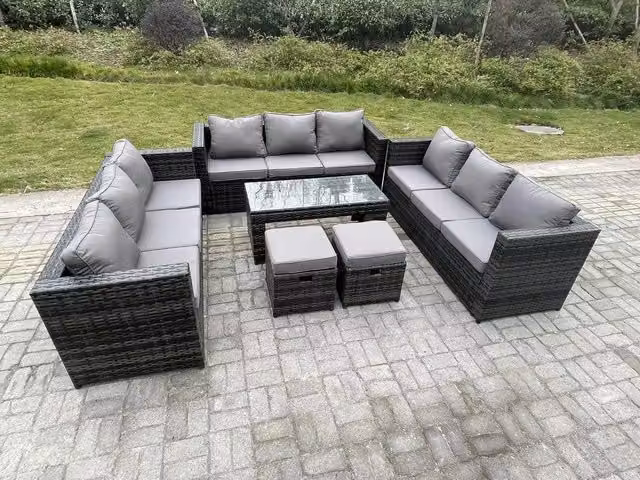 Fimous Rattan Garden Furniture Lounge Sofa Set with Oblong Rectangular Coffee Table and 2 Stools in Dark Grey – 1