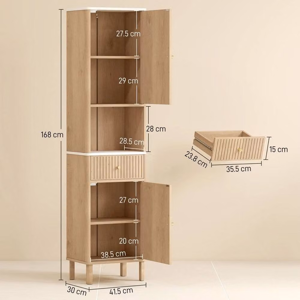 KORVIXA Brown Wood Bathroom Cabinet with Adjustable Internal Shelves, W: 60 cm, D: 30 cm, H: 168 cm – 1