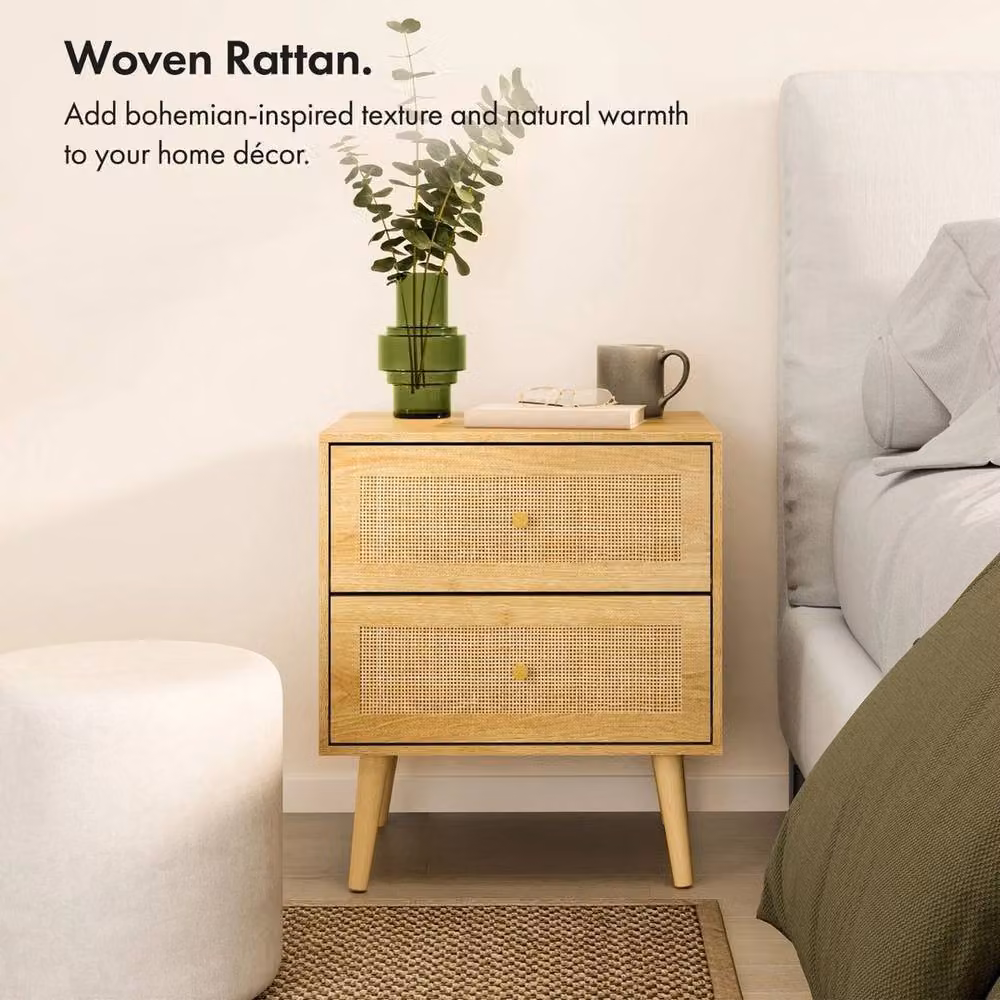 NESTLUNE Bedside Table with Natural Rattan Drawers in Brown and Gold, W/D/H: 100 x 15 x 15 cm – 2
