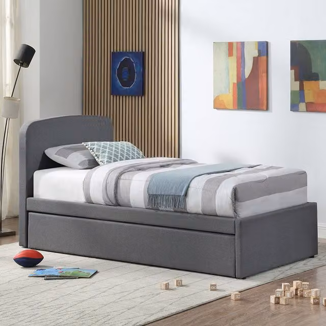Home Treats Childrens Upholstered Trundle Pull Out Bed in Grey