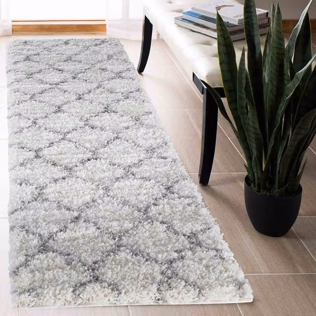 Desire Rugs Moroccan Berber Shaggy Runner with Trellis Geometric Design in White, W: 60 cm x L: 220 cm