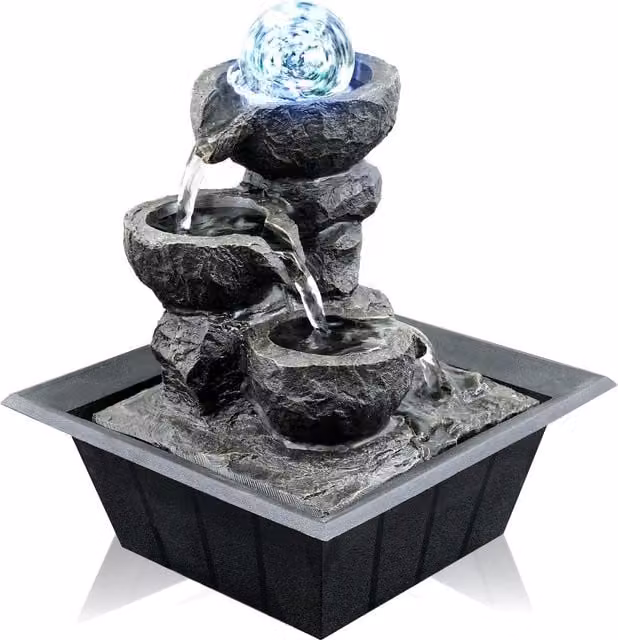 GEEZY Round Crystal Ball Indoor Tabletop Water Fountain with LED Lights in Brown, Grey or Black