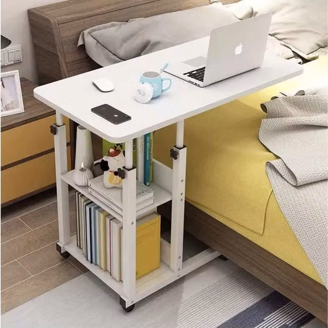 Livingandhome Height Adjustable Overbed Computer Desk with Wheels in White