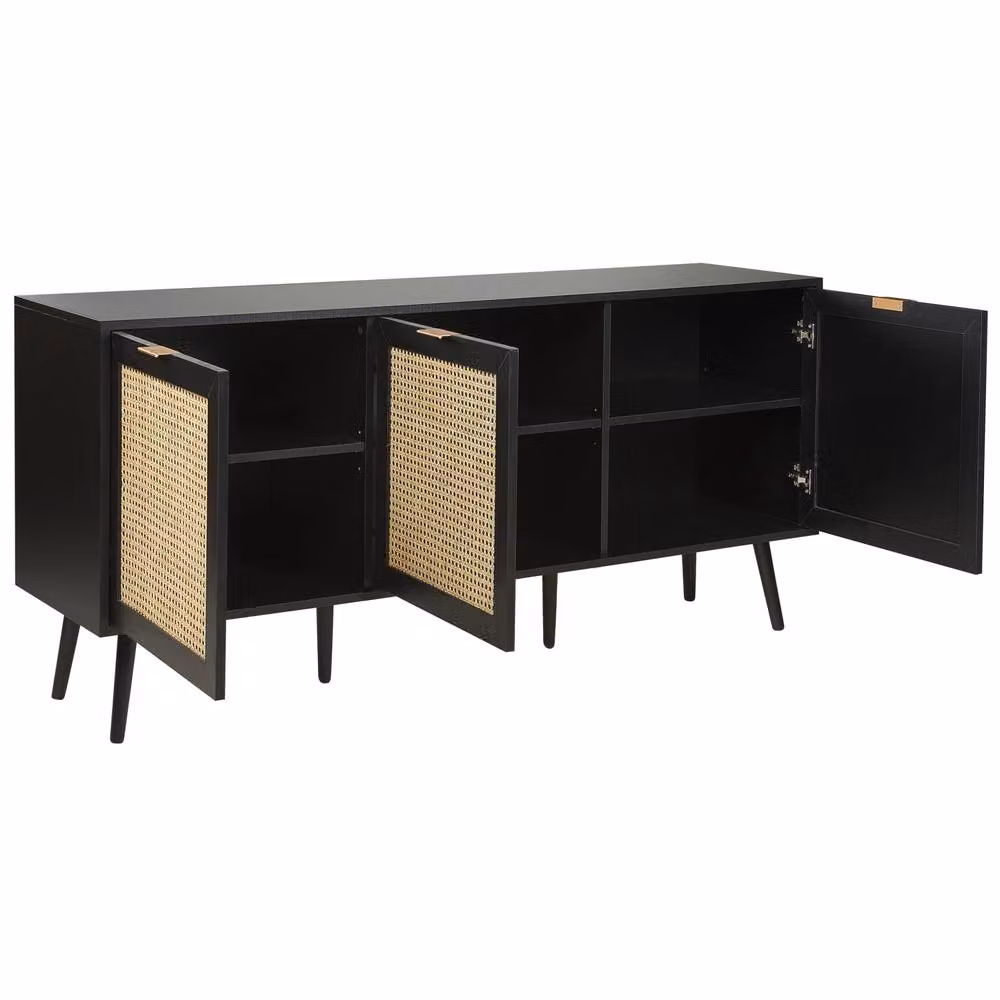 Wyld and Coco 3-Door Black Sideboard with Rattan Front and Rubberwood Legs W/D/H: 150 x 40 x 71 cm – 3