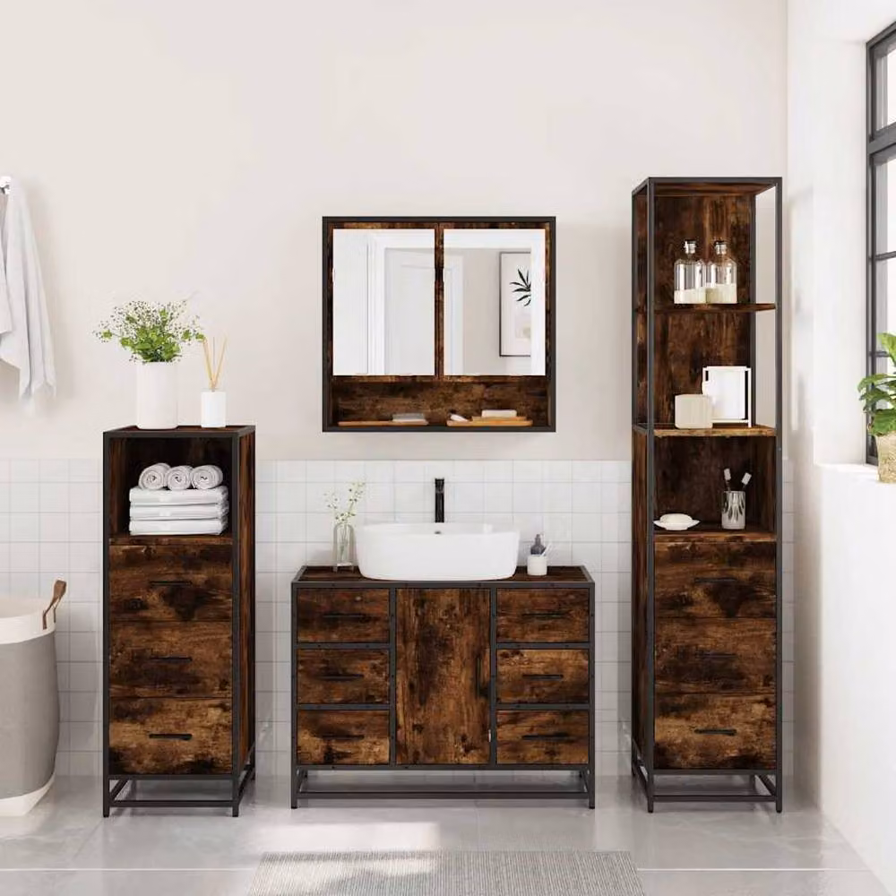Berkfield Home 4-Piece Industrial Bathroom Furniture Set in Smoked Oak and Brown – 2