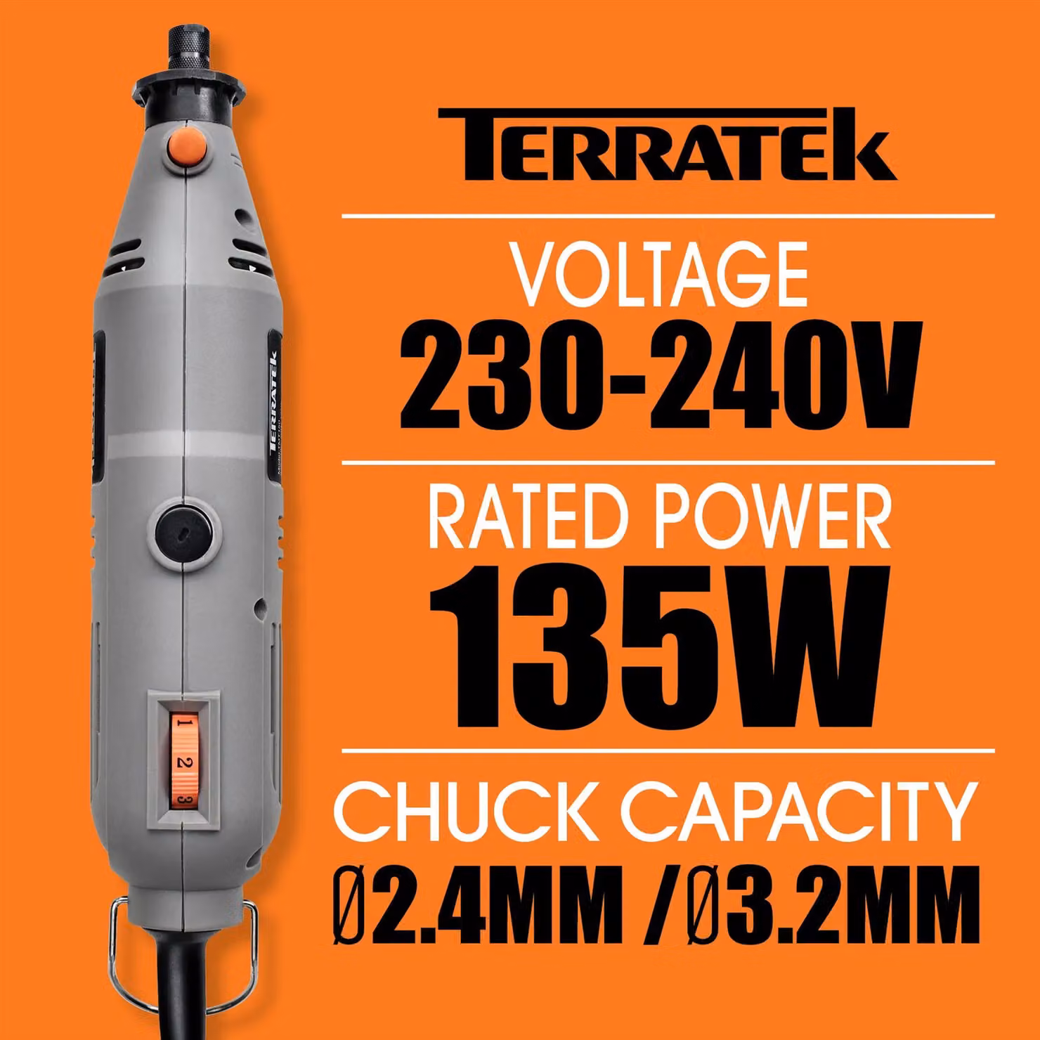 Terratek Corded Rotary Tool with 234pc Accessory Set, 135W Variable Speed, Orange and Grey – 4