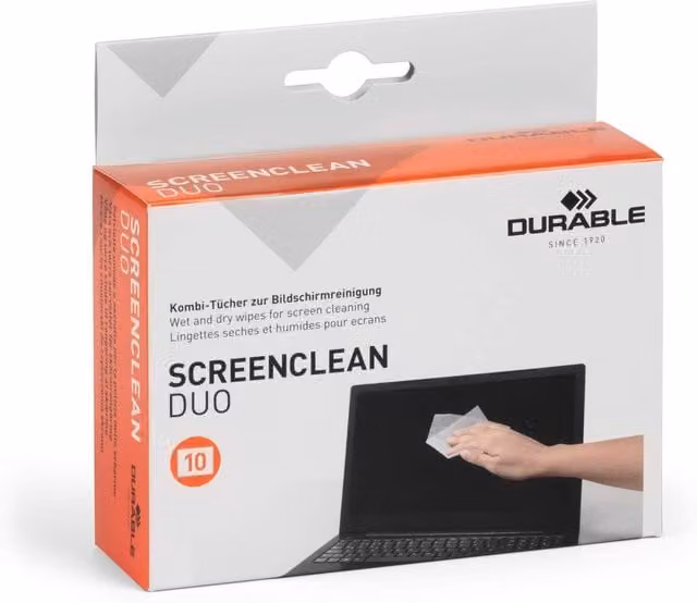 Durable Screenclean Duo Wet & Dry Screen Cleaning Wipes, 10 Pairs, White