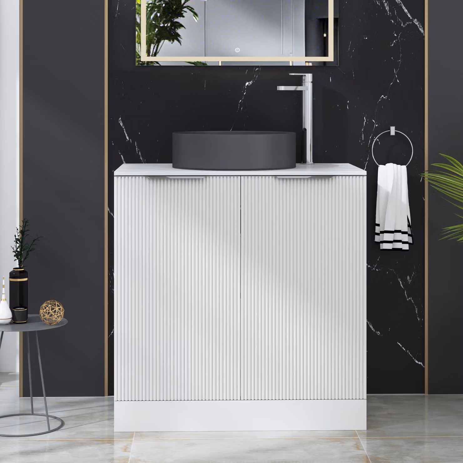 Royal Bathrooms Evora 800mm Matt White Fluted Floor Standing 2 Door Vanity Unit with Art Deco Round Basin