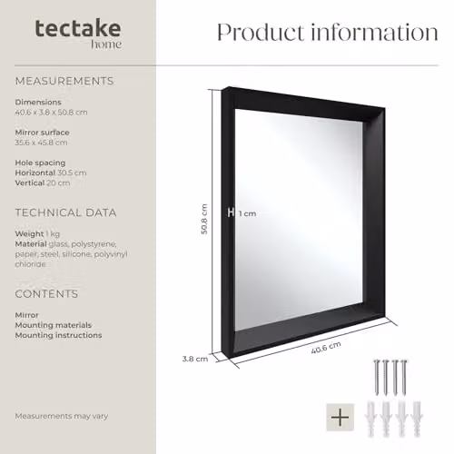 tectake Rectangular Minimalist Wall Mirror in Black, W: 40.6 cm, H: 50.8 cm – 6
