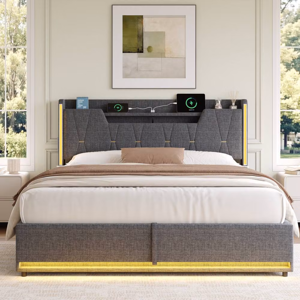 BTM King Size Hydraulic Storage Bed in Grey with X-Shape LED Lighting and USB Charging Ports, W/D/H: 180 x 200 cm – 2
