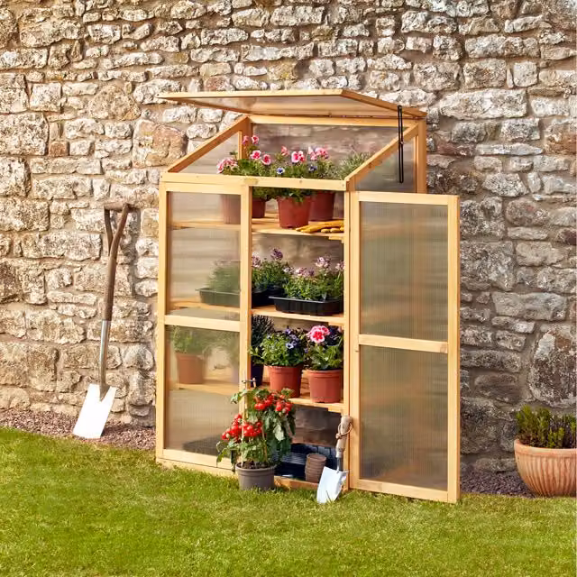 Garden Grow Three Tier Brown Wood and Polycarbonate Cold Frame Mini Greenhouse with Shelving