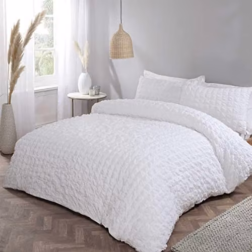 Rapport Home White Seersucker Polycotton 3 Piece Duvet Cover Set with Pillowcases – 1