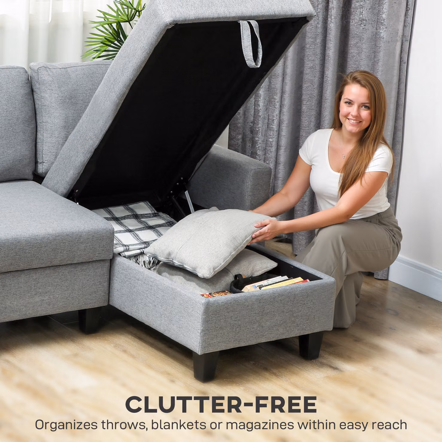 HOMCOM Grey Three-Seater Upholstered Storage Sofa Bed with Pull-Out Sleeping Function and Reversible L-Shape Design – 5