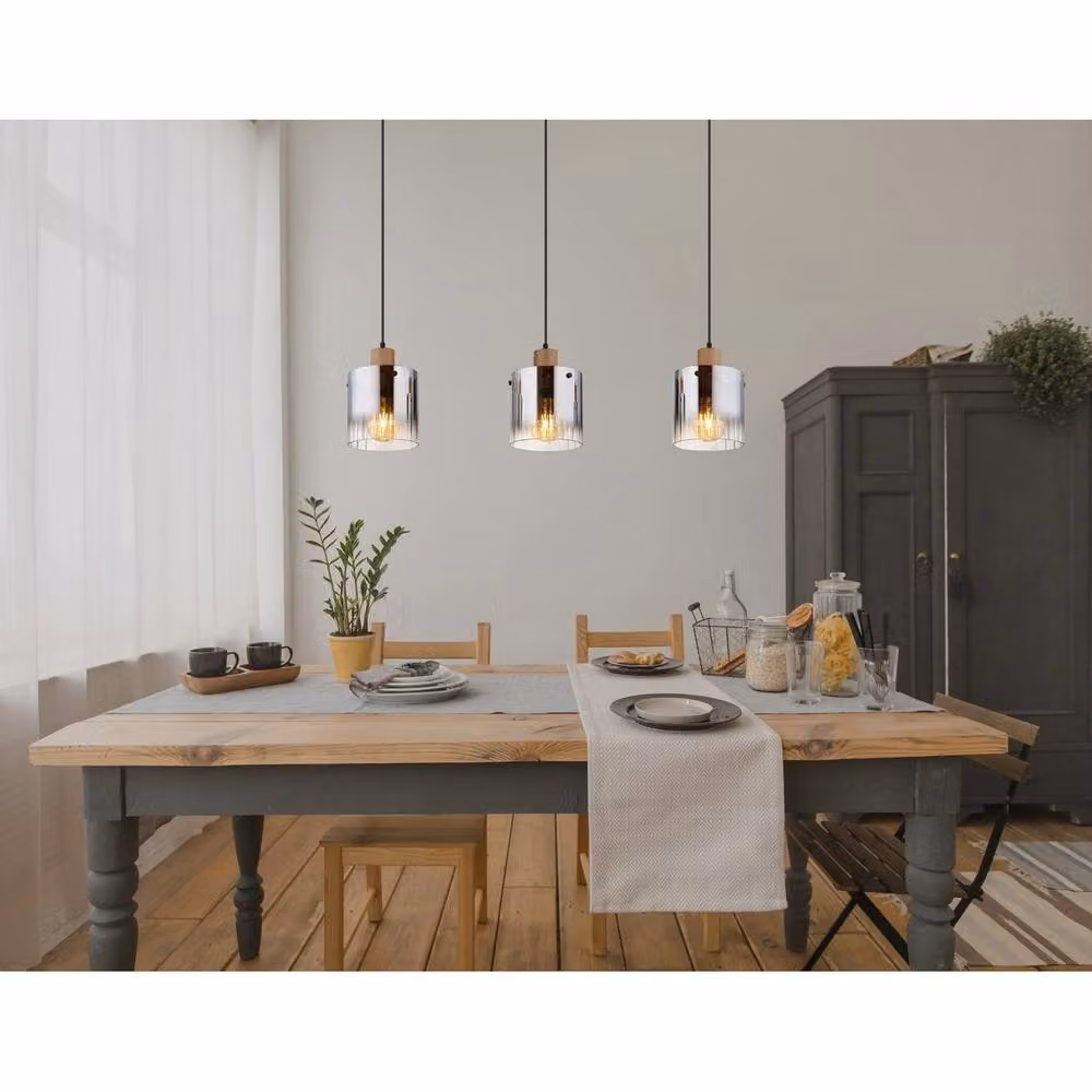 Netlighting Underwood Bar Pendant Light with Brown Wood Look and Smoke Glass Shade, 3x E27, Height: 120 cm, Width: 18 cm, Depth: 18 cm – 2
