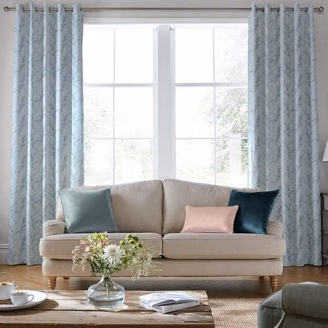 Laura Ashley Pussy Willow Embroidered Made to Measure Blackout Eyelet Curtains in Seaspray Blue
