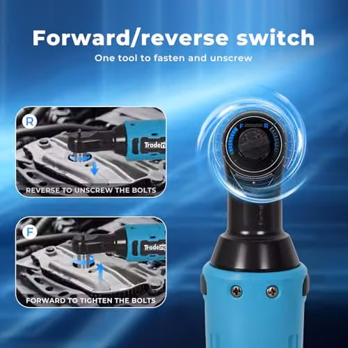 Traderight 12V Cordless Electric Ratchet Wrench with 3/8 inch Drive, 42Nm Max Torque, Variable Speed, LED Work Light and 2 x 1500mAh Batteries in Blue – 5