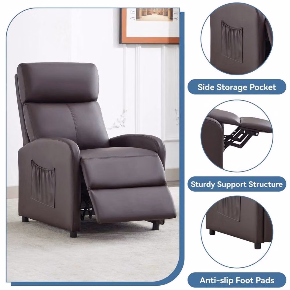 PAWNORA Brown PU Leather Push Back Recliner Chair with Lumbar Support and Armrests – 4