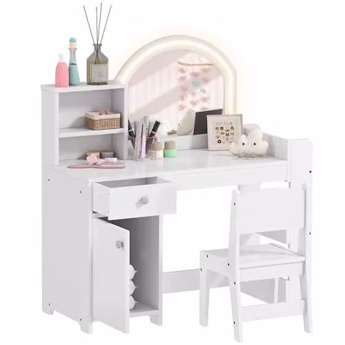 AIYAPLAY Kids Dressing Table with Mirror and Stool, White