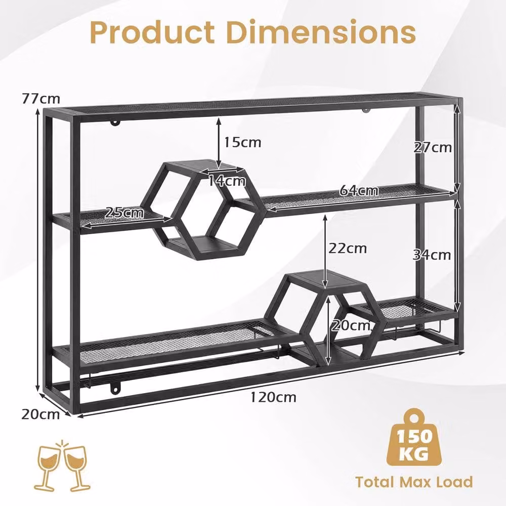 Costway 3 Tier Metal Wall Mounted Wine Rack with Glass Holder in Matt Black – 2