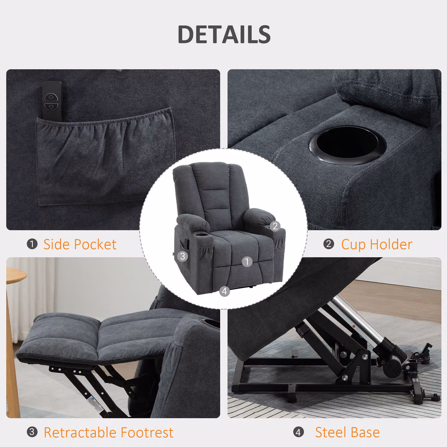 HOMCOM Oversized Fabric Upholstered Riser and Recliner Chair for Seniors in Grey with Remote Control, Side Pockets and Cup Holder – 5