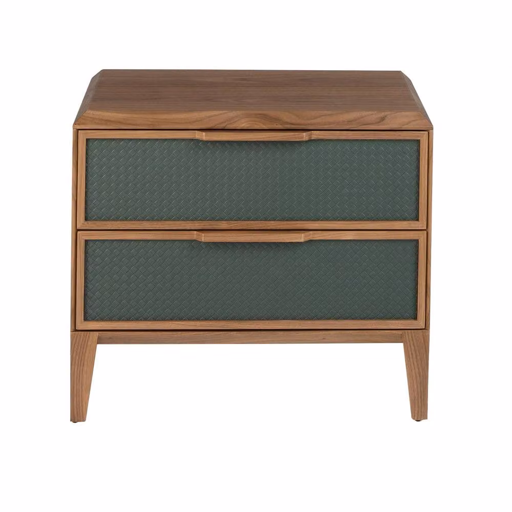Angel Cerda Modern Dark Green PVC Bedside Table with Walnut Veneer Legs and Soft Close Drawers – 2